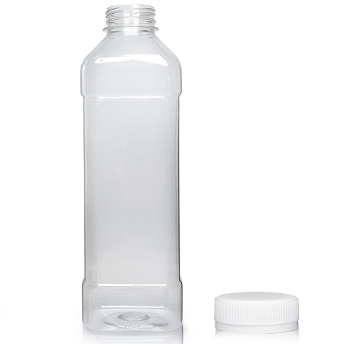 1000ml Clear PET Square Plastic Juice Bottle (38mm Neck) (Wholesale) - 38mm White T/E Bottle Cap