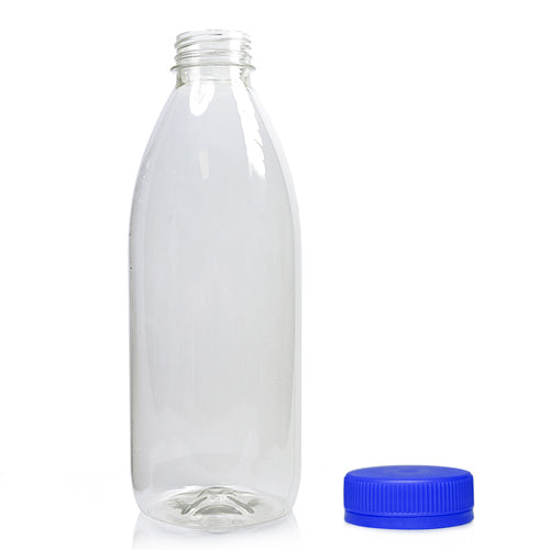 1000ml Classic Clear 30% RPET Juice Bottle (Wholesale) - 38mm Blue T/E Bottle Cap