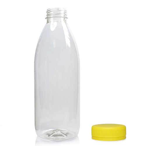 1000ml Classic Clear 30% RPET Juice Bottle (Wholesale) - 38mm Yellow T/E Bottle Cap