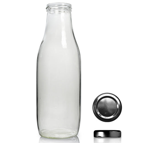 1000ml Clear Glass Milk/Juice Bottle & 53mm Twist Off Cap - Black