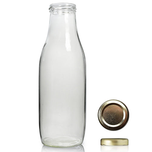 1000ml Clear Glass Milk/Juice Bottle & 53mm Twist Off Cap - Gold