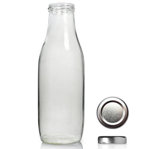 1000ml Clear Glass Milk/Juice Bottle & 53mm Twist Off Cap - Silver