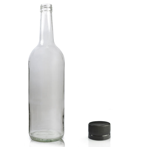 1 Litre Clear Glass Mountain Bottle With Black Screw Cap