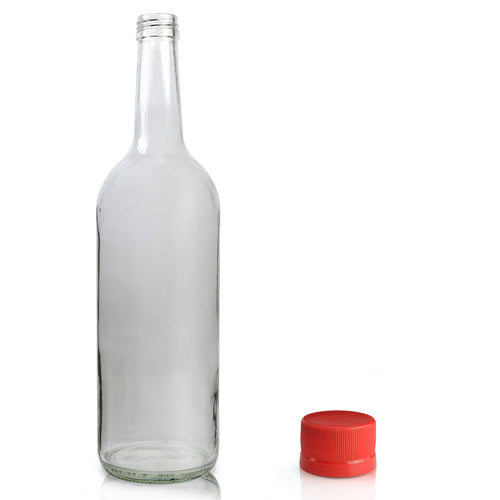 1 Litre Clear Glass Mountain Bottle With Red Screw Cap