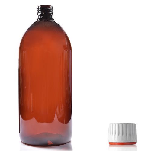 1 Litre Amber PET Sirop Bottle With (Red Band) T/E Cap