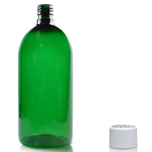 1 Litre Green PET Bottle & 28mm White CR Cap