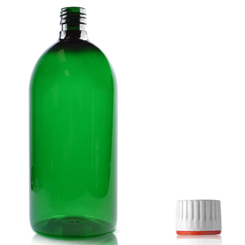1 Litre Green PET Sirop Bottle & 28mm (Red Band) T/E Cap