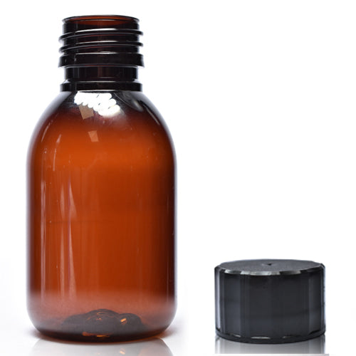 100ml Amber PET Sirop Bottle & 28mm Screw Cap - Black