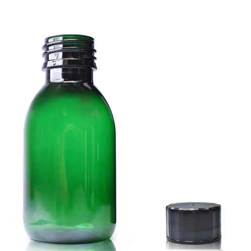 100ml Green PET Sirop Bottle & 28mm Screw Cap - Black