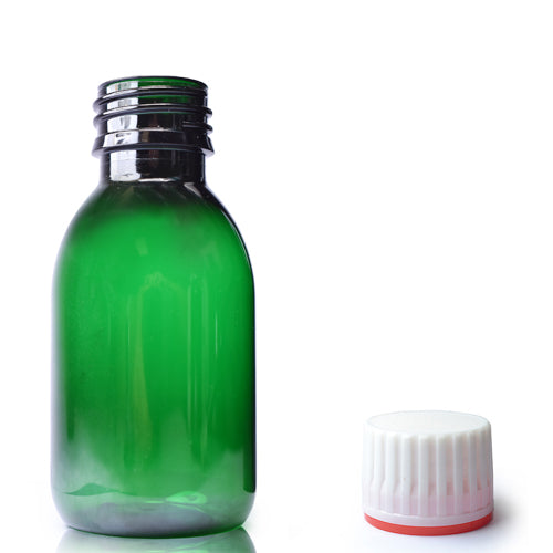 100ml Green PET Sirop Bottle & 28mm (Red Band) T/E Cap