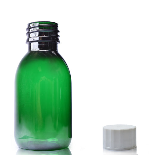 100ml Green PET Sirop Bottle & 28mm Screw Cap - White