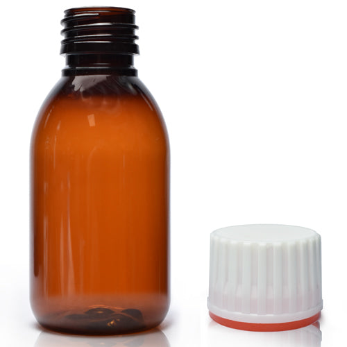 125ml Amber PET Sirop Bottle & 28mm (Red Band) T/E Cap