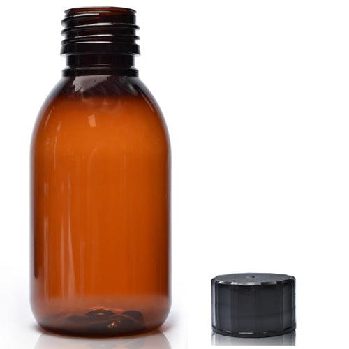 125ml Amber PET Sirop Bottle & 28mm Screw Cap - Black