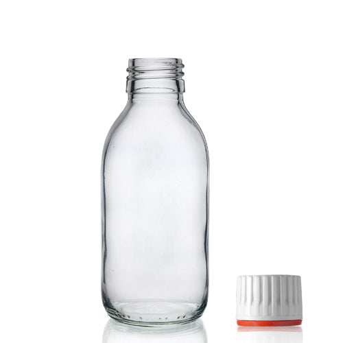 150ml Clear Glass Sirop Bottle & 28mm (Red Band) T/E Cap