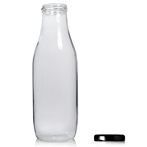 1000ml Clear Glass Juice Bottle (Wholesale) - 53mm Twist-Off Lid - Black