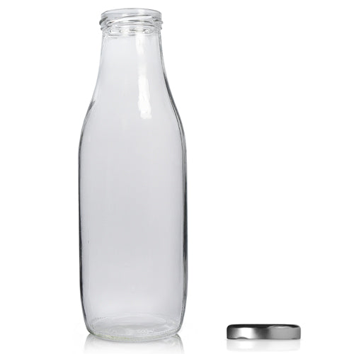 1000ml Clear Glass Juice Bottle (Wholesale) - 53mm Twist-Off Lid - Silver