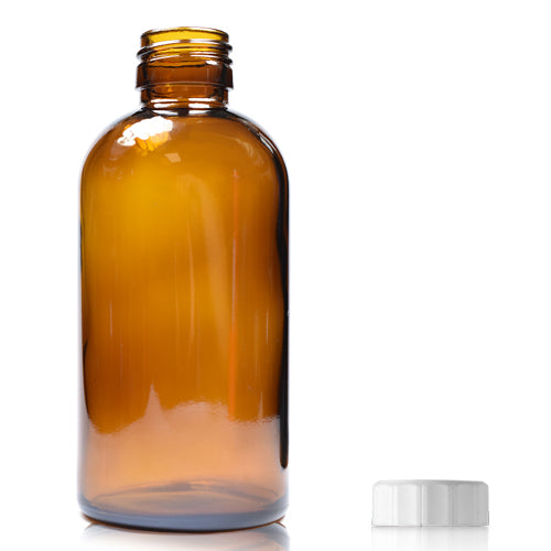 200ml Amber Glass Boston Bottle & PP Polycone Cap - White