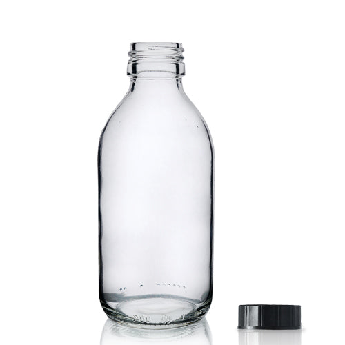 200ml Clear Glass Sirop Bottle & PP Screw Cap - Black