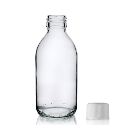 200ml Clear Glass Sirop Bottle & 28mm White CR Cap