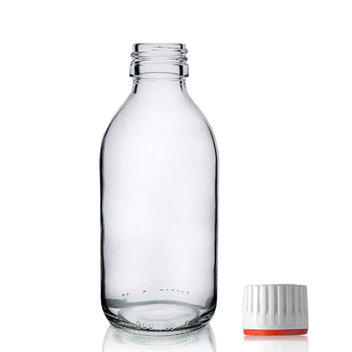 200ml Clear Glass Sirop Bottle & 28mm (Red Band) T/E Cap