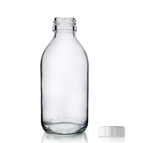 200ml Clear Glass Sirop Bottle & PP Screw Cap - White