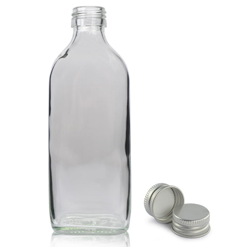 200ml Clear Glass Flask Bottle & Silver Screw Cap