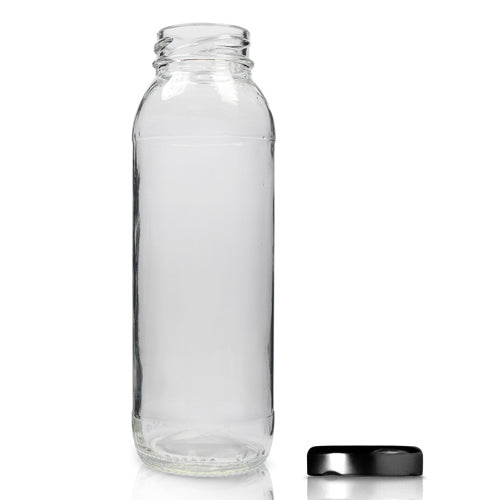 250ml Tall Glass Juice Bottle & Black Buttoned Twist-Off Lid