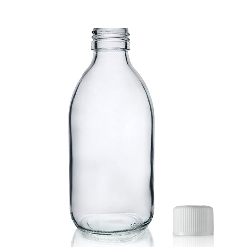 250ml Clear Glass Sirop Bottle & 28mm White Medilock Cap