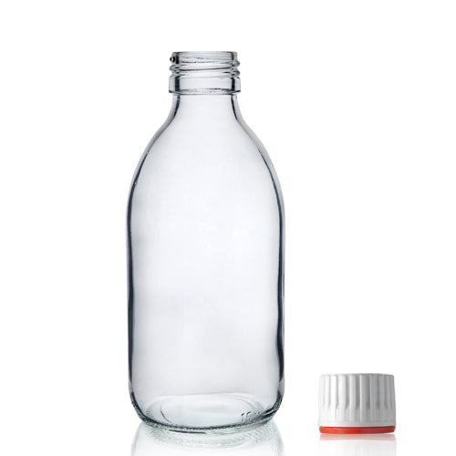 250ml Clear Glass Sirop Bottle & 28mm (Red Band) T/E Cap