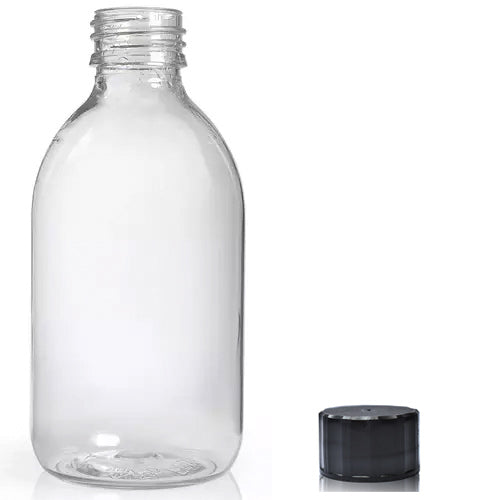 250ml Clear PET Sirop Bottle & 28mm Screw Cap - Black