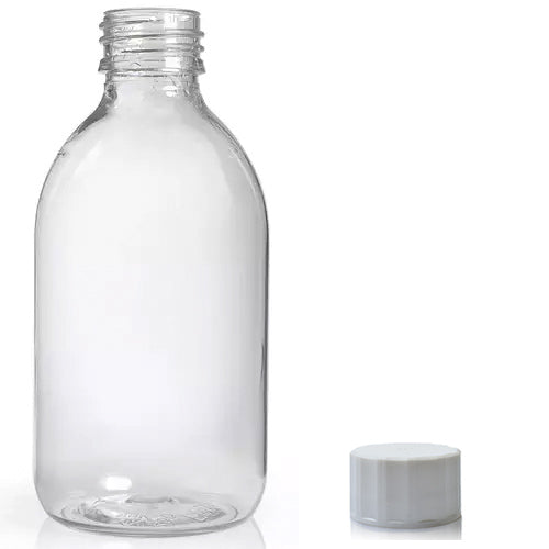 250ml Clear PET Sirop Bottle & 28mm Screw Cap - White