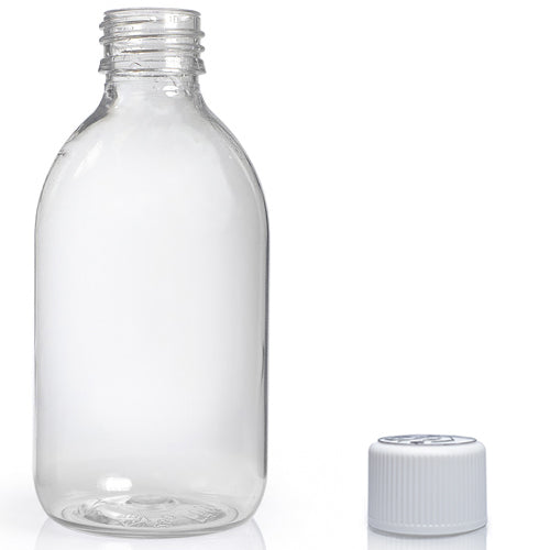 250ml Clear PET Sirop Bottle & 28mm White CR Cap