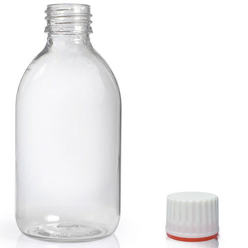 250ml Clear PET Sirop Bottle & 28mm (Red Band) T/E Cap