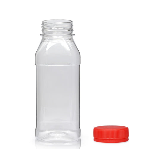 250ml Clear PET Square Juice Bottle (38mm Neck) (Wholesale) - 38mm Red T/E Bottle Cap