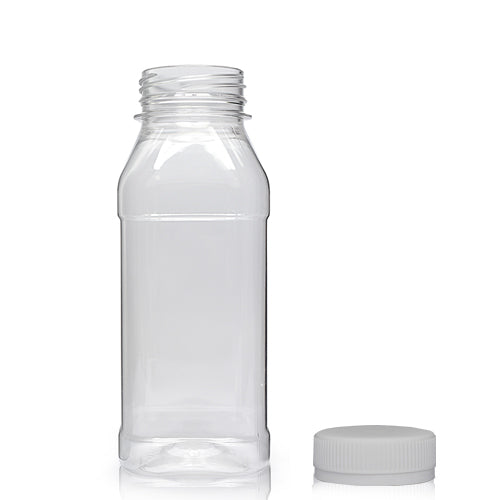 250ml Clear PET Square Juice Bottle (38mm Neck) (Wholesale) - 38mm Silver T/E Bottle Cap