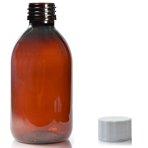 250ml Amber PET Sirop Bottle & 28mm Screw Cap - White