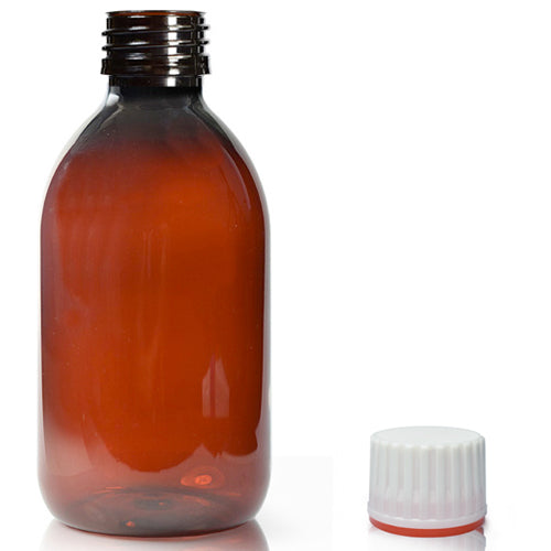 250ml Amber PET Sirop Bottle & 28mm (Red Band) T/E Screw Cap