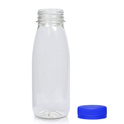 250ml Classic Clear 30% RPET Juice Bottle (Wholesale) - 38mm Blue T/E Bottle Cap