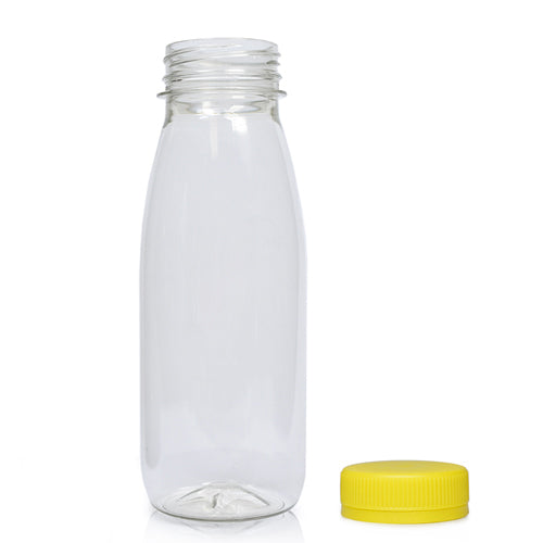 250ml Classic Clear 30% RPET Juice Bottle (Wholesale) - 38mm Yellow T/E Bottle Cap