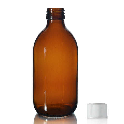 300ml Amber Glass Sirop Bottle & 28mm White CR Cap