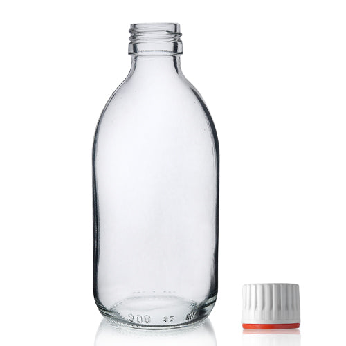 300ml Clear Glass Sirop Bottle & 28mm (Red Band) T/E Cap