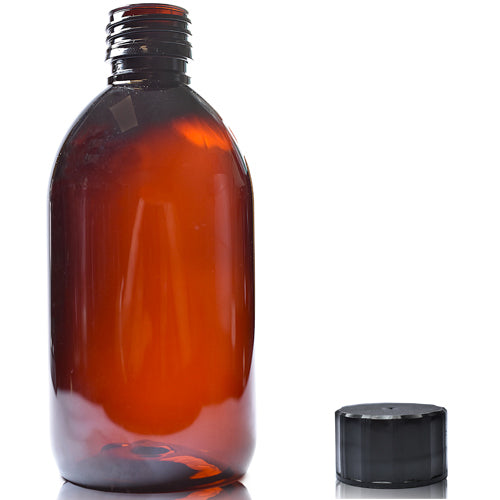 300ml Amber PET Sirop Bottle & 28mm Screw Cap - Black