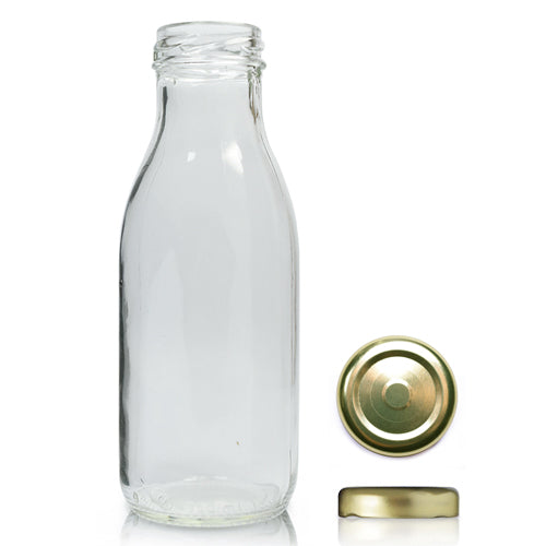 300ml Clear Glass Milk/Juice Bottle & 38mm Twist Off Cap - Gold (Button Top)