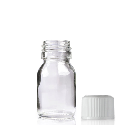 30ml Clear Glass Sirop Bottle & 28mm White CR Cap