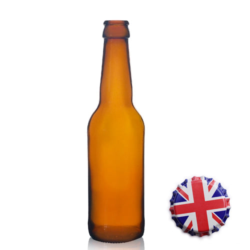 330ml Amber Glass Beer Bottle & Crown Cap - Union Jack