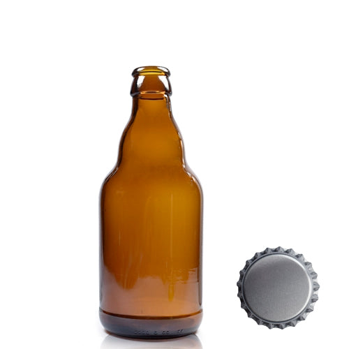 330ml Amber Glass Belgian Beer Bottle & Crown Cap - Silver