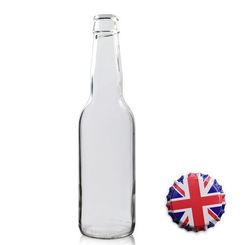 330ml Clear Glass Beer Bottle & Gold Crown Cap - Union Jack