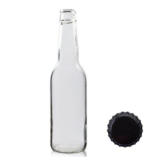 330ml Clear Glass Beer Bottle & Gold Crown Cap - Black