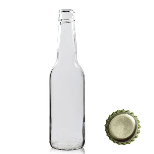 330ml Clear Glass Beer Bottle & Gold Crown Cap - Gold