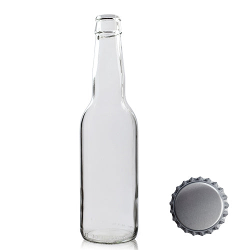330ml Clear Glass Beer Bottle & Gold Crown Cap - Silver